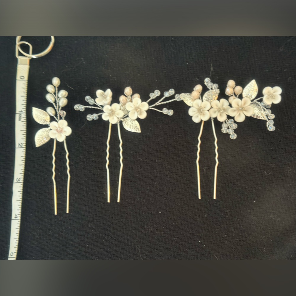 Bridal hair set of 3 pins  flowers, beads, crystals